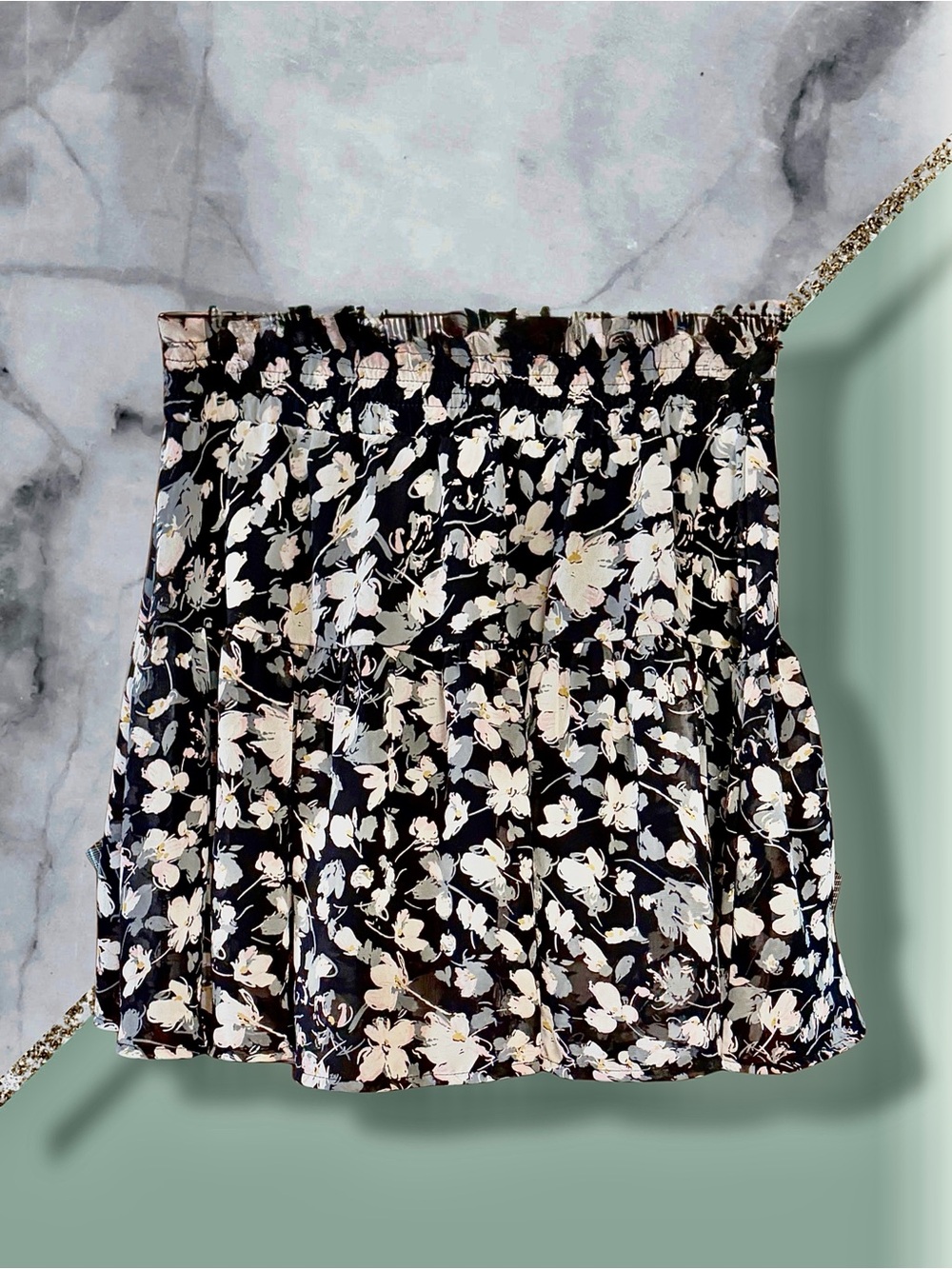 B Jewel Black Mini Skirt with White Floral Print size Medium